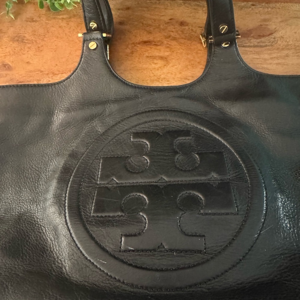 Tory Burch Black Leather Tote with Logo
